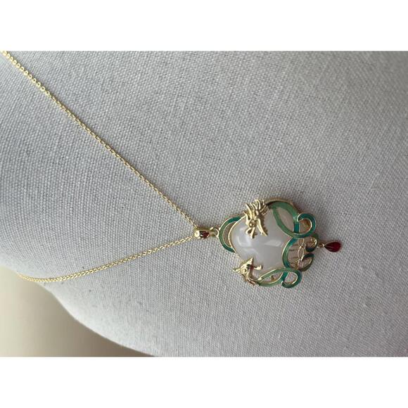 Gold-tone Dragon and Phoenix Pendant Necklace with Green Enamel and Red Accent - Picture 2 of 7